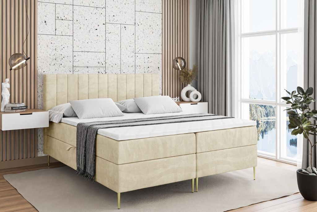 ALTDECOR Boxspringbett mit Gold Füßen, Matratze und Lattenrost, Boxbett, Topper, Polsterbett mit Bettkasten, Bett mit Stauraum H3-Matratze, Doppe...