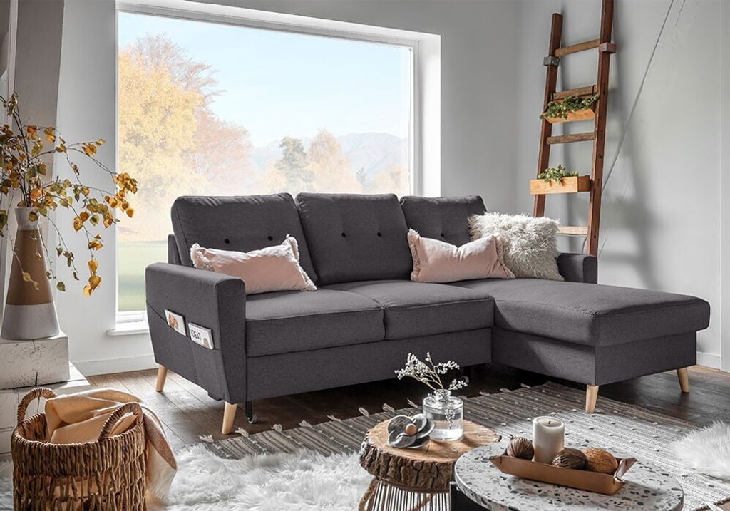 MIUFORM Lars - Ecksofa mit Bettfunktion und Bettkasten - 223x148cm - Dunkelgrau - L-Form Rechts - Schlafsofa Couch
