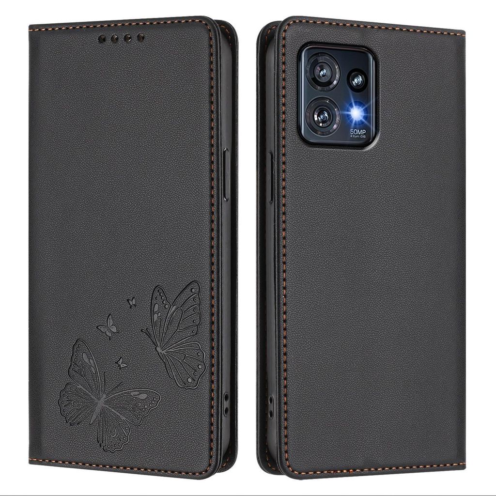 Lederhülle für Motorola Edge 40 Pro / Edge+ 2023, Schmetterling Prägung Leder Brieftasche Schutzhülle mit Ständer Schwarz
