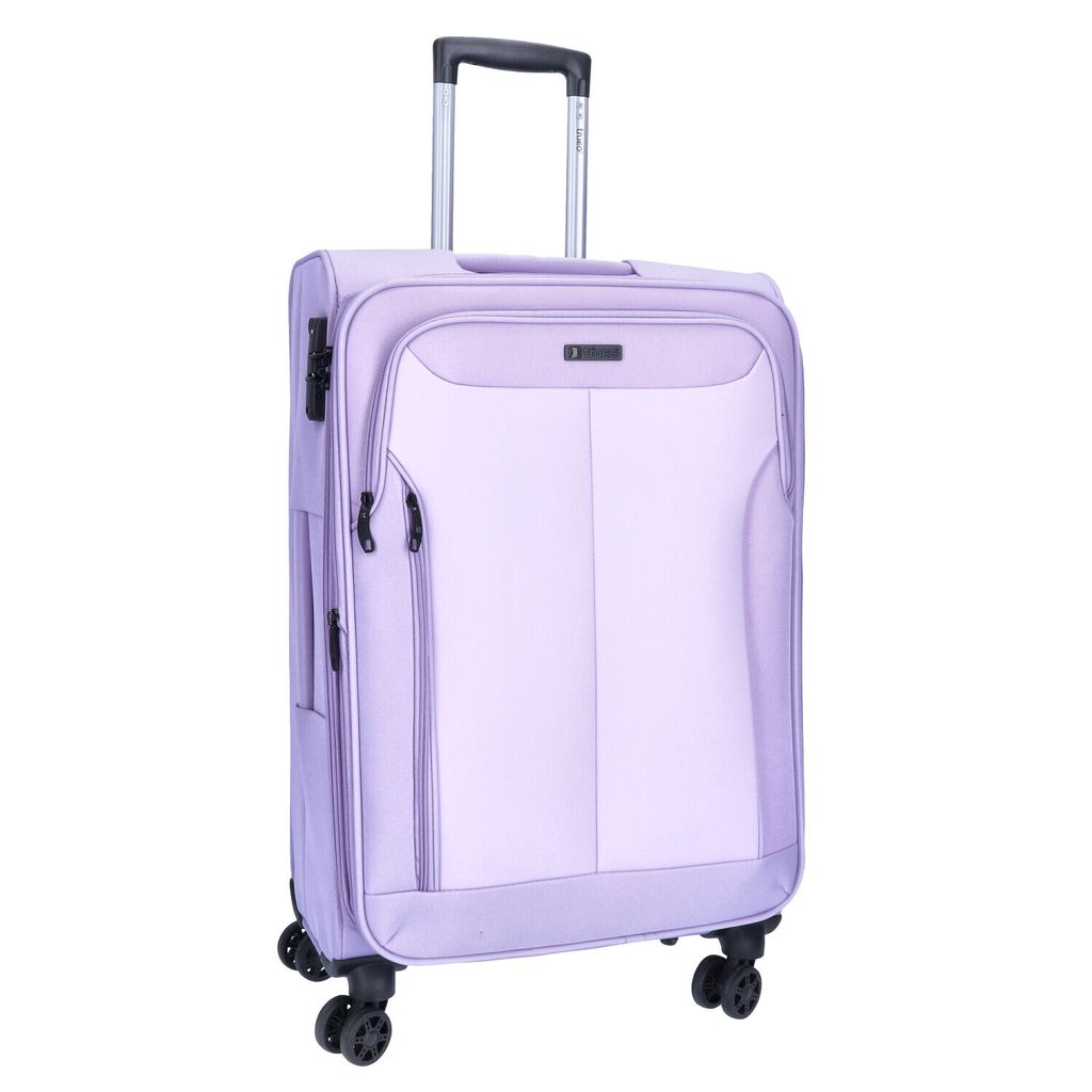 A lilac suitcase is shown against a white background.