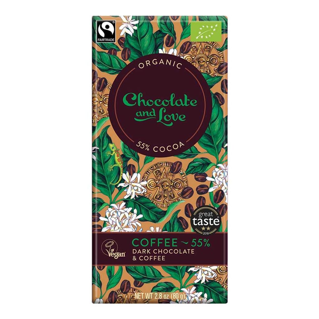 A chocolate bar with a decorative wrapper featuring coffee beans, leaves, and flowers.