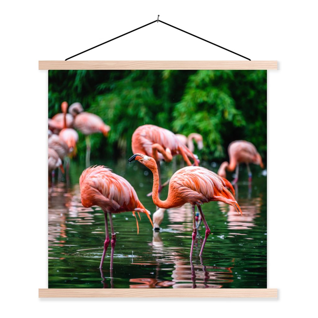 MuchoWow Textilposter Flamingo - Tropisch - Vogel - Wasser - Rosa 120x120 cm mit holzfarbenen Rahmen - Textil-Poster