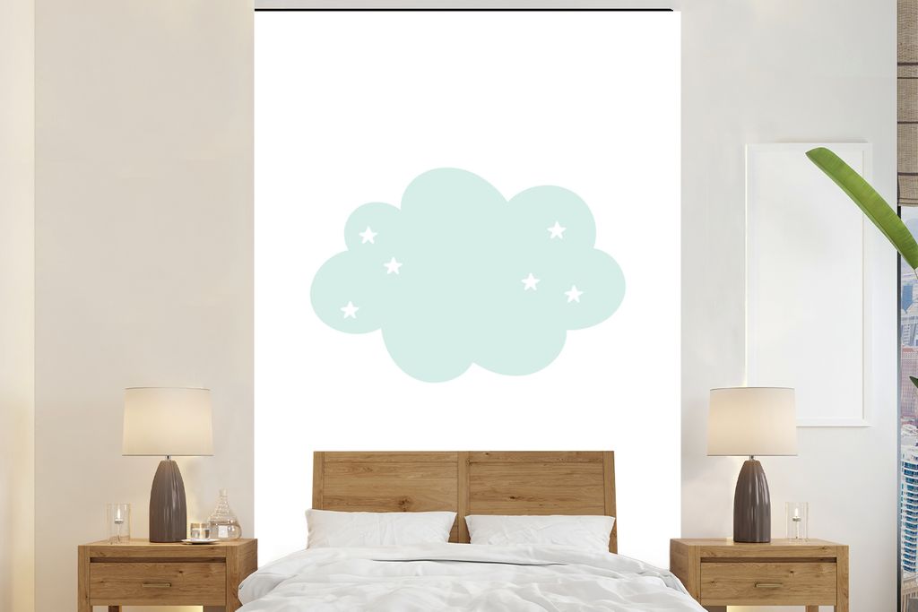 MuchoWow Fototapete für Wohnzimmer oder Schlafzimmer Wandtapete Vinyl Motivtapete Wolke - Sterne - Pastell - Kinder - Baby - 145x220 cm - Kinder...
