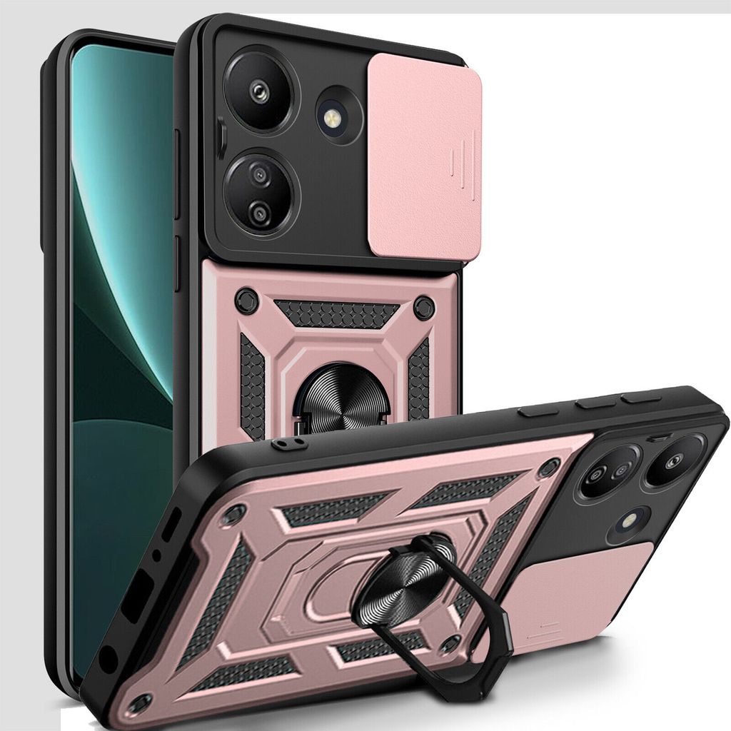 A rose gold and black phone case with a camera cover and ring holder, shown from multiple angles.