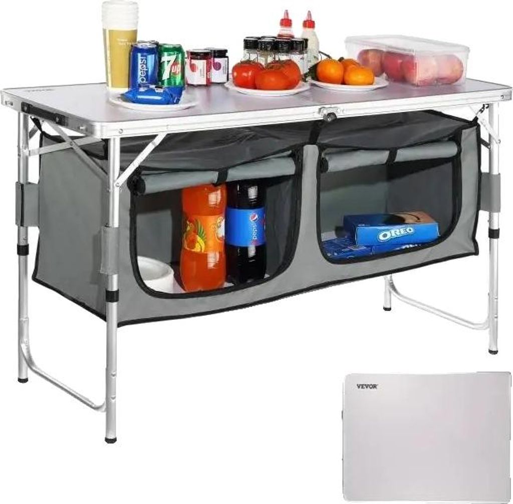 Camping-Küchentisch, MDF-Material, 140 cm x 68 cm Abmessungen, bis zu 113 kg Tragfähigkeit, langlebige X-Rahmen-Konstruktion, höhenverstellbar