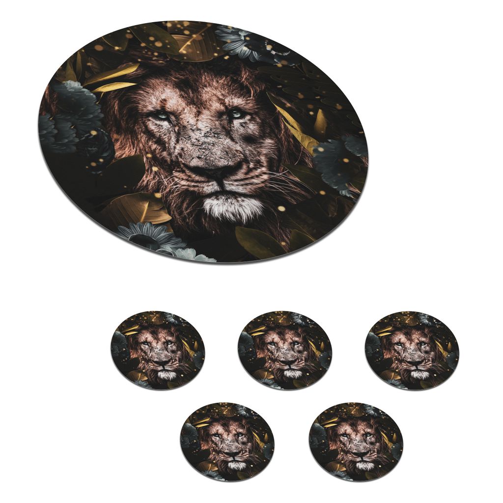 KitchenYeah Glasuntersetzer Rund 6er Set Löwe - Wilde Tiere - Blumen - Licht 10x10 cm Untersetzer für Gläser - Getränkeuntersetzer - Tischpla...