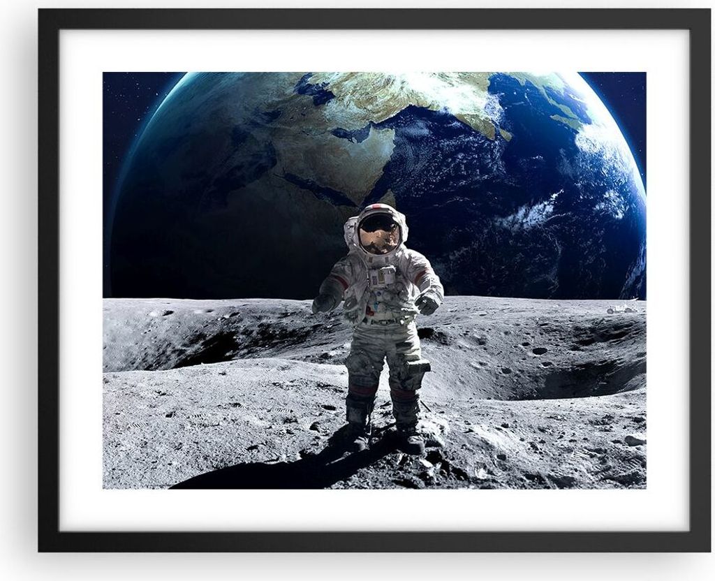Gerahmtes Poster - Schwarzer Rahmen - Astronaut Mond Erde Raum - 50x40 cm - Wand Bild - Wanddeko - Wandbilder - Wandposter - Bilderrahmen - Bilder ...