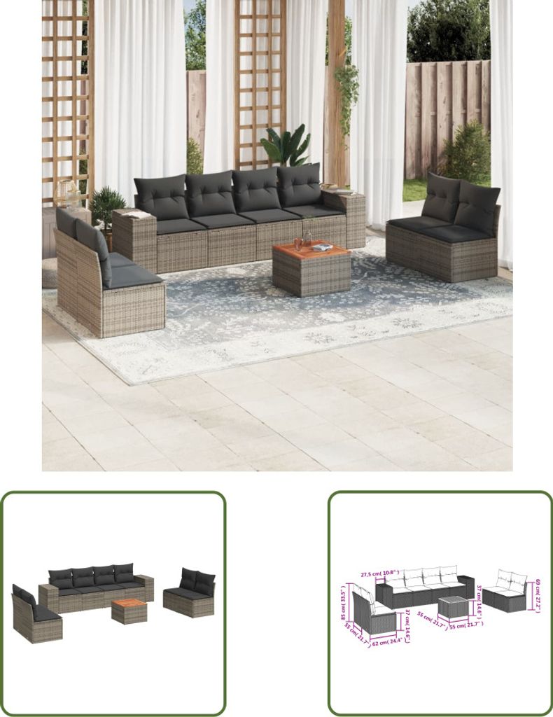 The Living Store 9-tlg. Garten-Sofagarnitur mit Kissen Grau Poly Rattan
