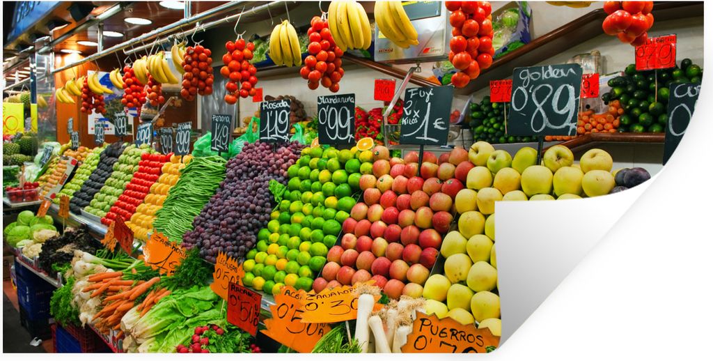 MuchoWow Wandtattoo Wandsticker Wandaufkleber Obst - Gemüse - Behälter - Markt 120x60 cm Selbstklebend und Repositionierbar - Sticker - Dekorfolie