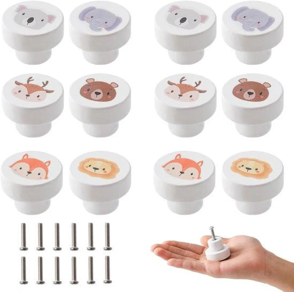 Boutons ronds 35 mm en bois naturel avec motifs animaux et visserie