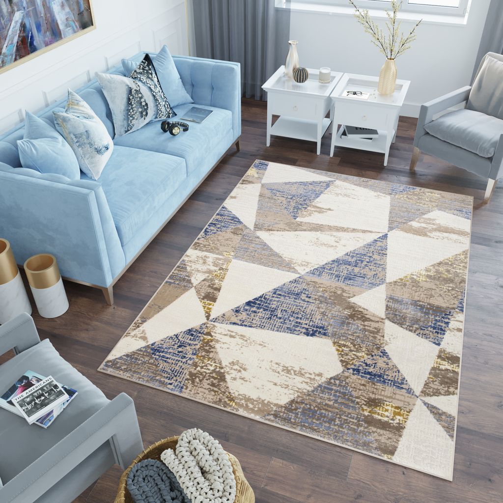 Teppich Wohnzimmer Schlafzimmer Kurzflor Modern Design Beige Grau Blau Meliert 160 x 220 cm
