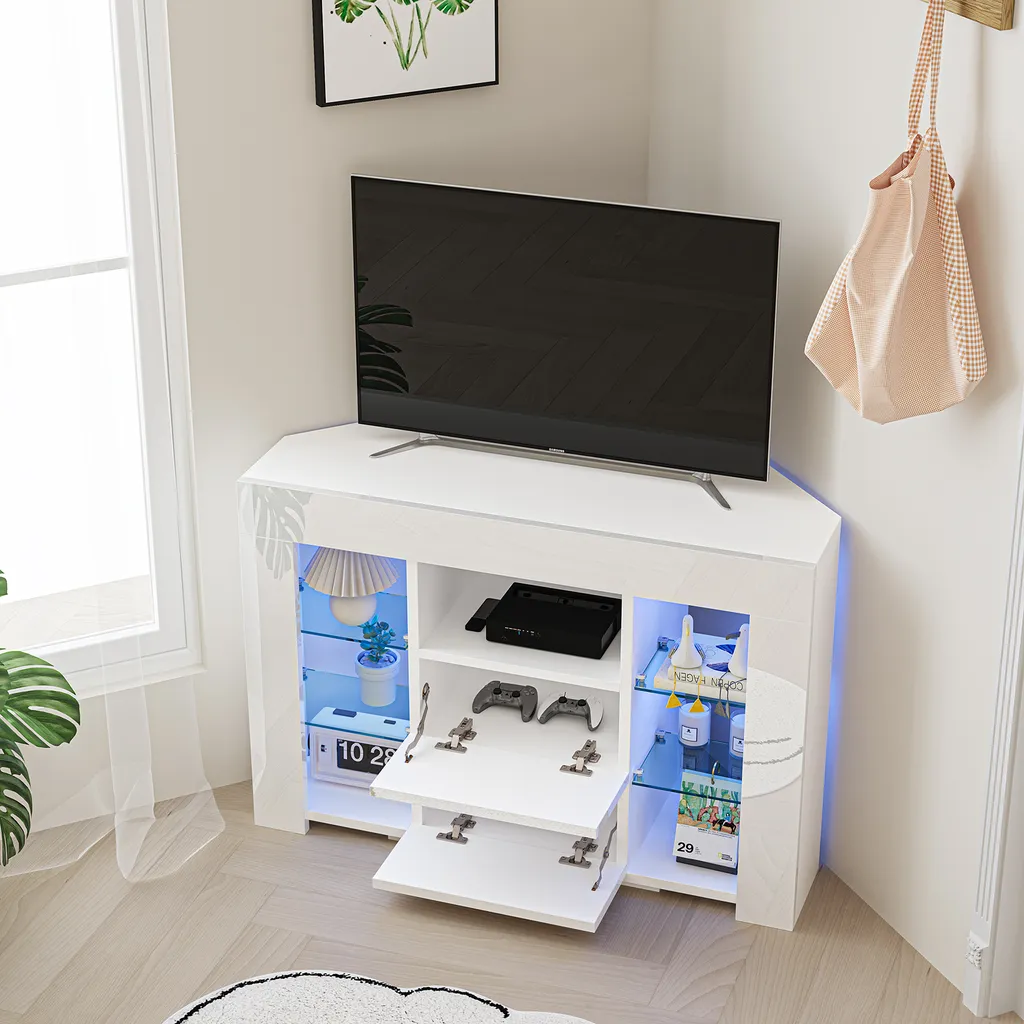 Table TV d'angle LED blanc brillant avec rangements pour décodeur