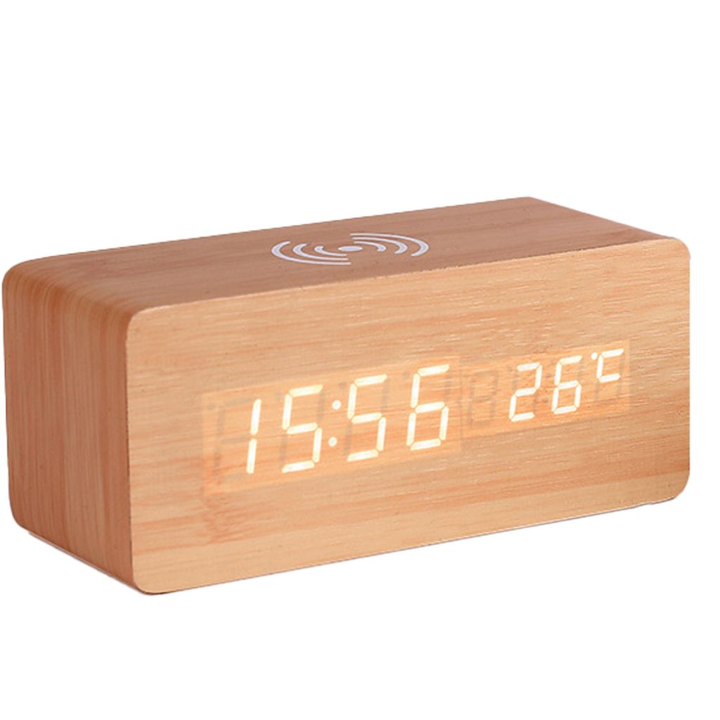 Digitaler Wecker aus Holz mit kabellosem Laden,Einstellbarer Helligkeitsdimmer und Wecklautstärke,(Bambusholz)