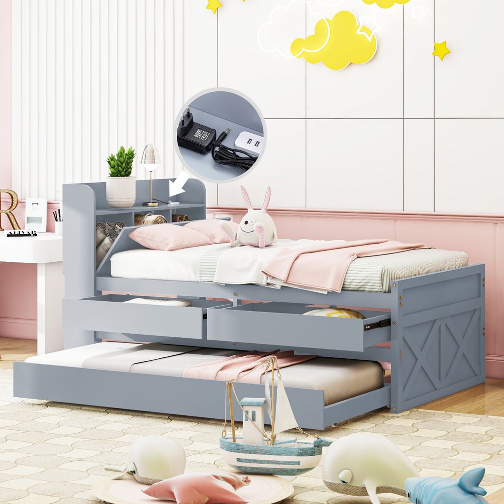 Merax Massivholzbett Einzelbett 90x190cm mit Ausziehbett und USB, Funktionsbett mit 2 Schubladen und Stauraumfach, Kiefer Tagesbett Funktionsbett G...