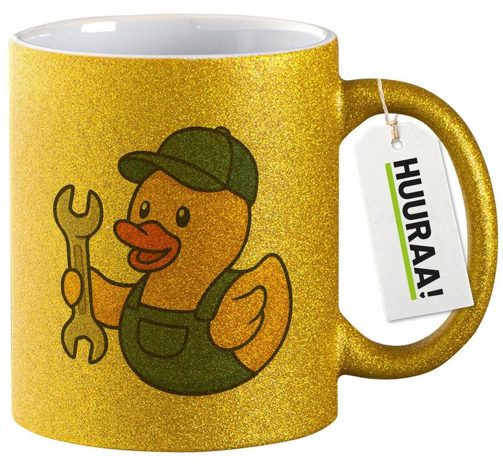 Huuraa Glitzertasse Quietscheente Kfz-Mechatronik Comic Gummiente 330ml Gold Keramik Kaffeebecher Geschenkidee