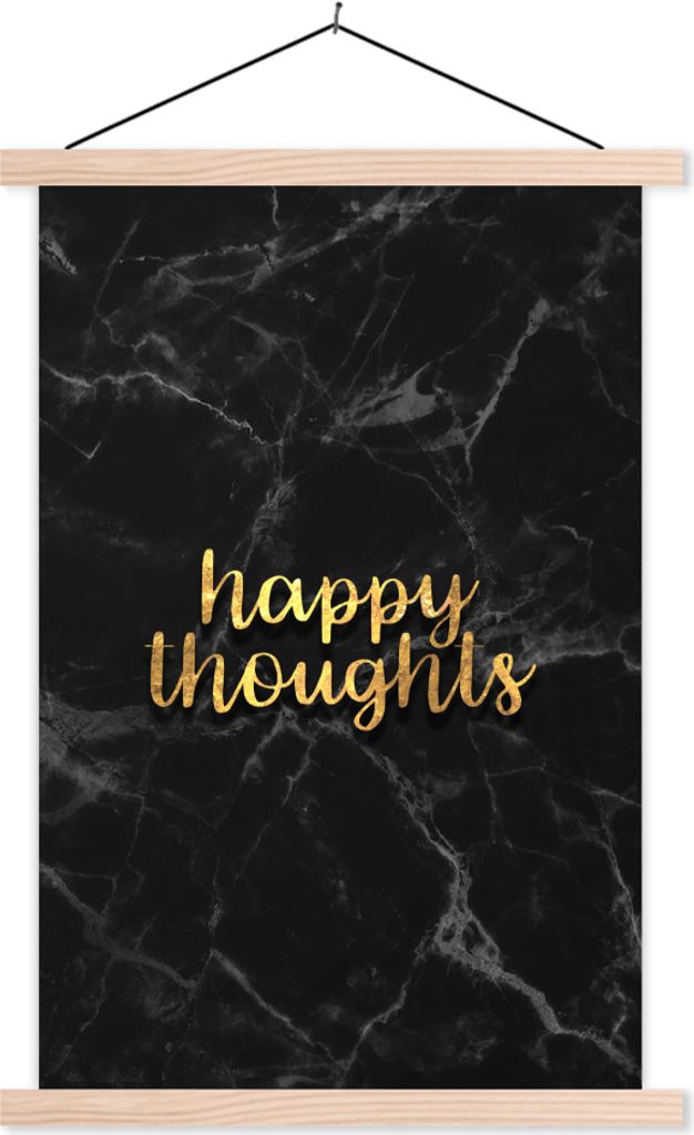 MuchoWow Textilposter Zitate - Glücklich - Gold - Schwarz 60x90 cm mit holzfarbenen Rahmen - Textil