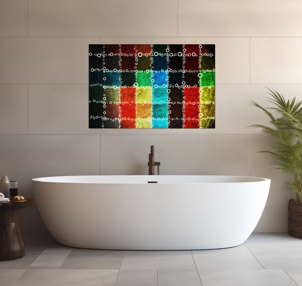 Wallario wasserfestes Poster selbstklebend 91,50 x 61 cm, Buntes Patchwork-Muster mit Kreisen, Badezimmerposter Spritzschutz mit Hochglanzoberfläc...