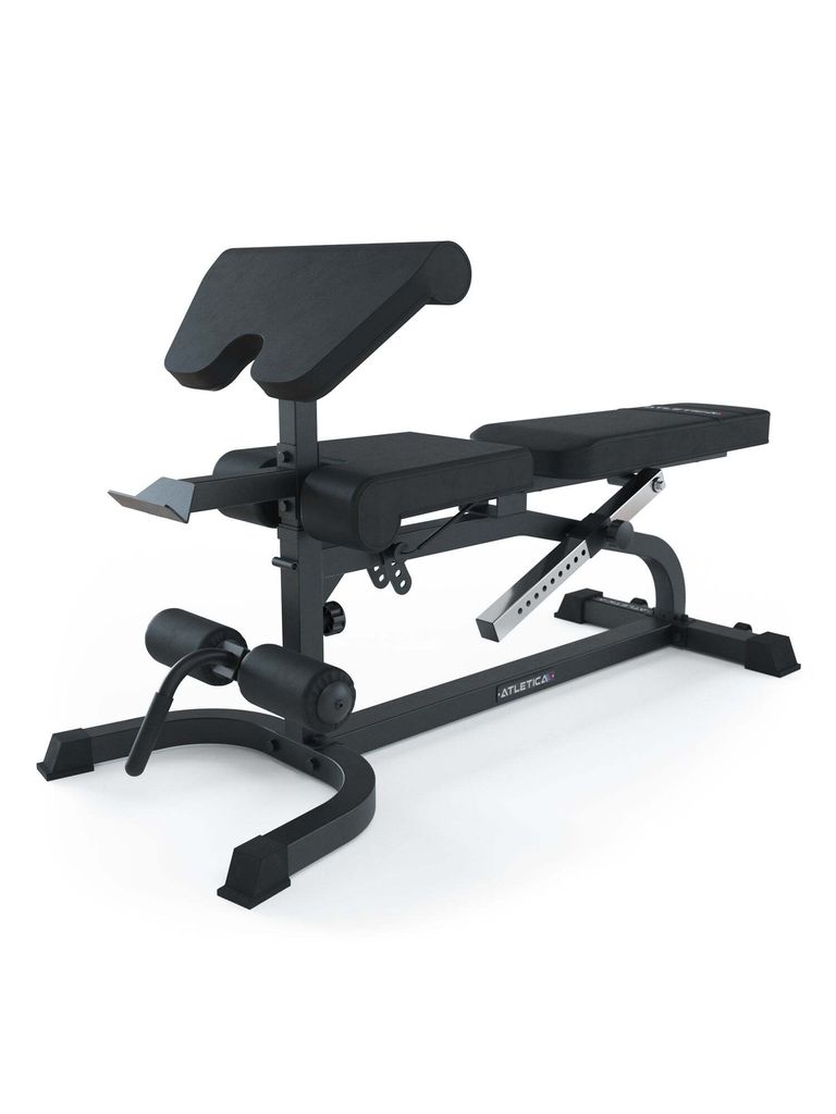ATLETICA X-Bench Hantelbank | Aufsätze für Bizeps- und Beincurls | Negativ verstellbar | 650 kg Belastbarkeit | 8 cm dickes Polster