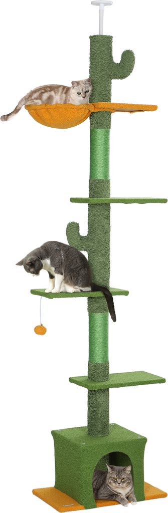 PawHut Kratzbaum Deckenhoch, Katzenbaum, 230-275 cm Katzenkratzbaum mit Katzenhöhle, Kratzstämmen, Spielball, Katzenmöbel mit Kippschutz, Grün