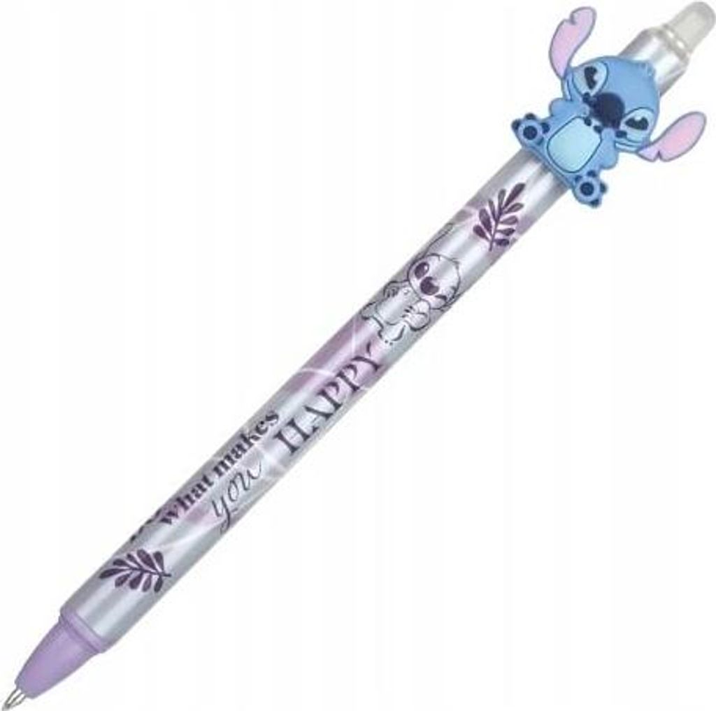 A pen with a Stitch character on top, with text and decorative elements on the barrel.