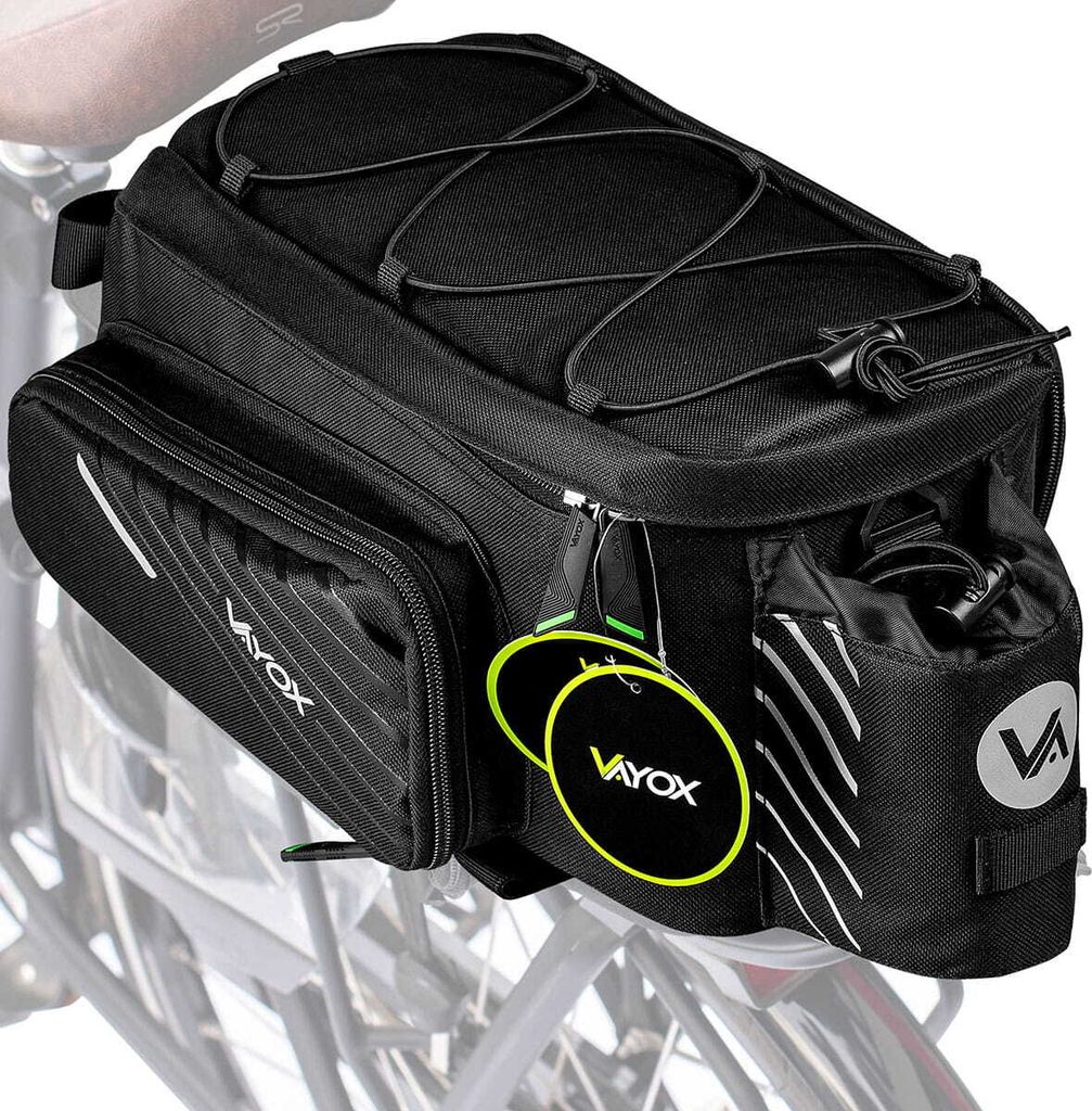 A black bicycle rear rack bag is shown attached to a bicycle rack.