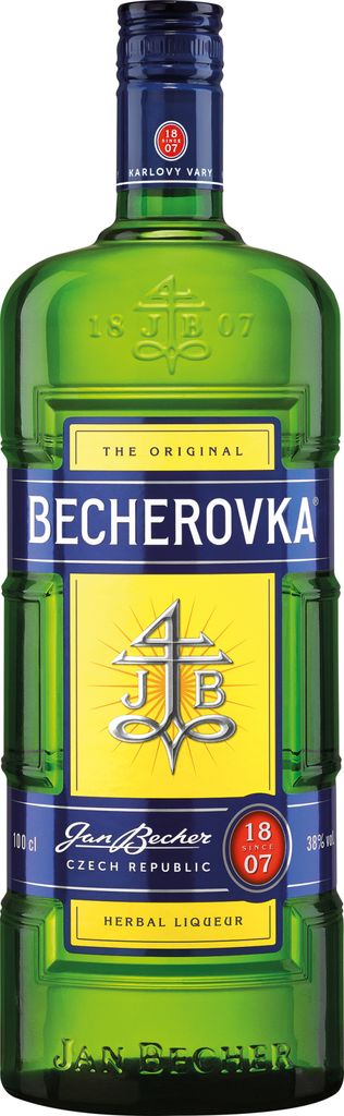 A product shot of a bottle of Becherovka herbal liqueur against a white background.