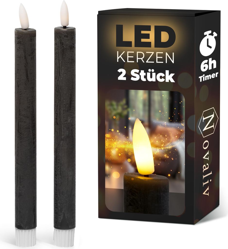 Stabkerzen LED mit Timer SCHWARZ 2er indoor mit Timer Funktion 6 Stunden ECHTWACHS 24cm Höhe für Kerzen 2,2cm Durchmesser 2 AAA Batterien notwend...