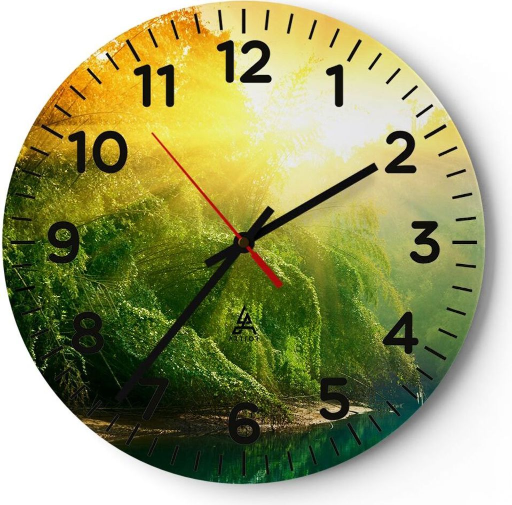 Wanduhr - Rund - Glasuhr - Tropen Bäume Fluss - 40x40cm - Schleichendes Uhrwerk - Lautlos - zum Aufhängen bereit - Dekoration Modern - Wanddekora...