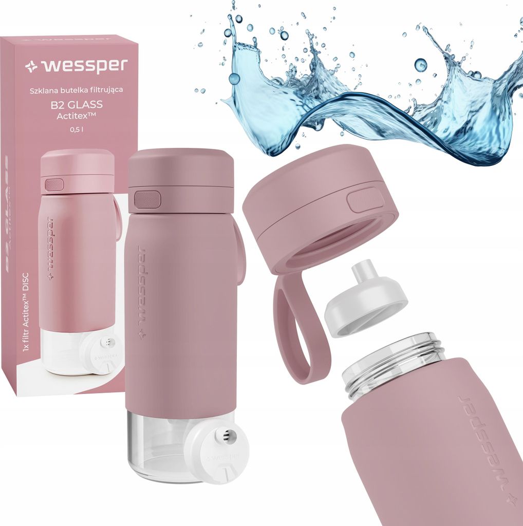 Glasflasche Wessper 500ml, Silikonhülle Wasserfilter Verschluss BPA-frei, rosa