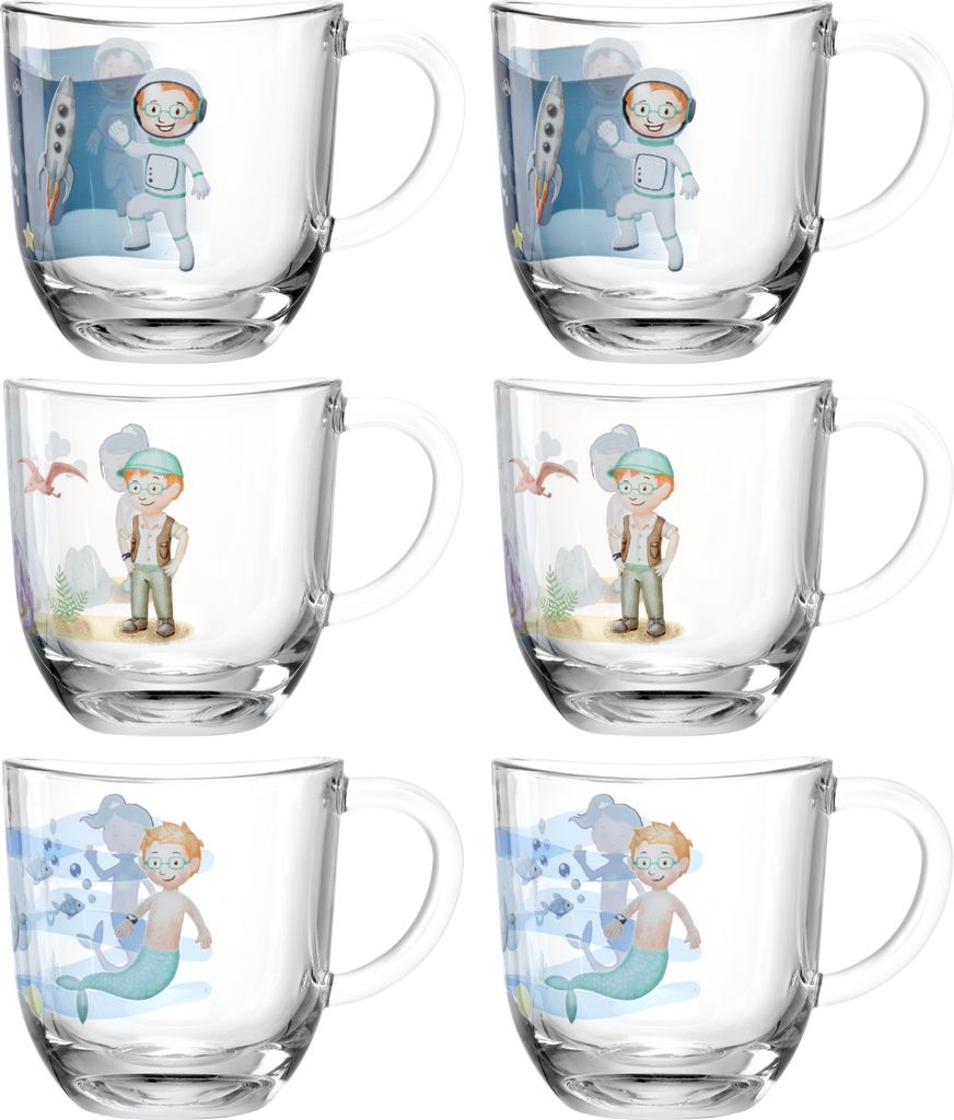 Leonardo Tassen-Set Bambini Avventura 6-tlg., Henkelbecher, Kalk-Natron-Glas, Mehrfarbig, 280 ml, 023683