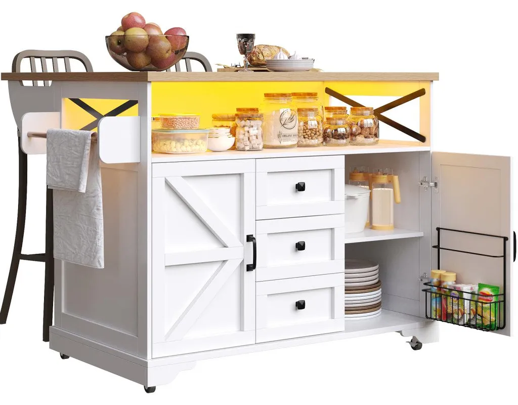 Îlot de cuisine moderne LED blanc avec table rabattable et rangements - 10