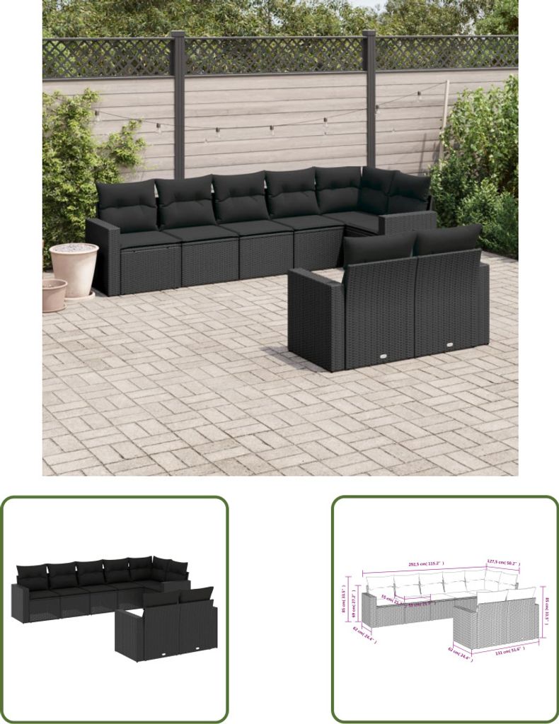 The Living Store 8-tlg. Garten-Sofagarnitur mit Kissen Schwarz Poly Rattan