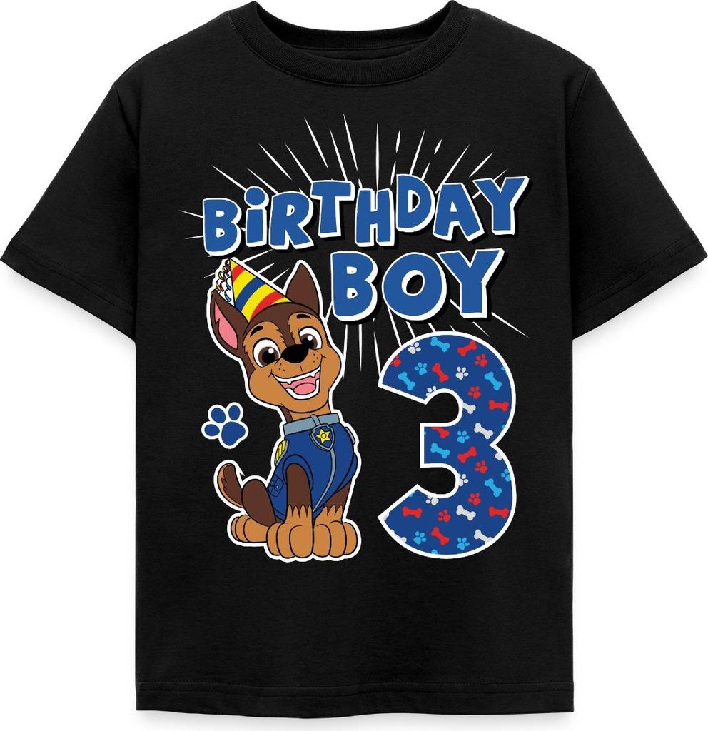 Spreadshirt Paw Patrol Chase 3 Jahre Alt 3. Geburtstag Kinder T-Shirt, 122/128 (7-8 Jahre), Schwarz