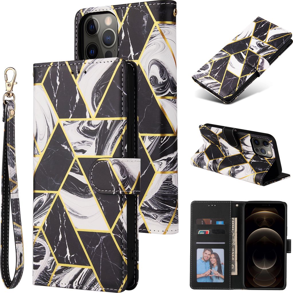 Für Iphone 12 Handyabdeckung Matt Marmor Muster Multifunktions Flip Leder Fall schwarz