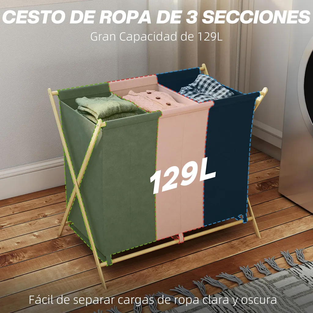 Panier à linge pliable 3 compartiments avec structure en bambou Multi - 4
