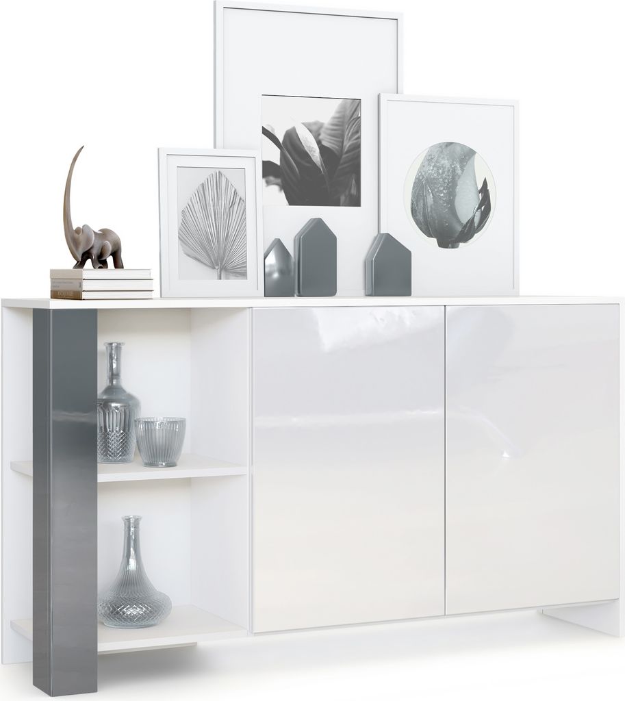 Vladon Sideboard Canto, Germany, lange Anrichte mit 2 Türen und 6 Fächern, Korpus Weiß matt, Fronten Weiß Hochglanz, Nachbildung-Paneele Grau H...