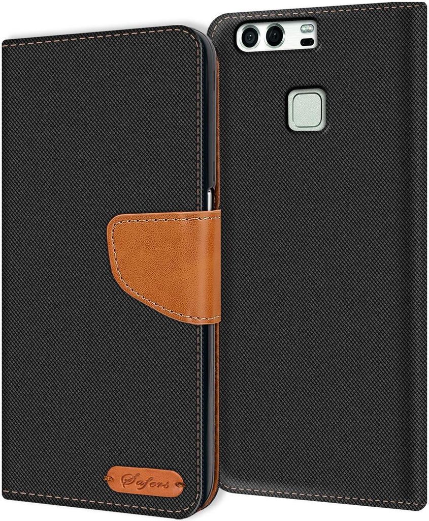 Conie Jeans Style Klapp Tasche für Huawei P9 Kartenfach Hülle Rundumschutz in Schwarz