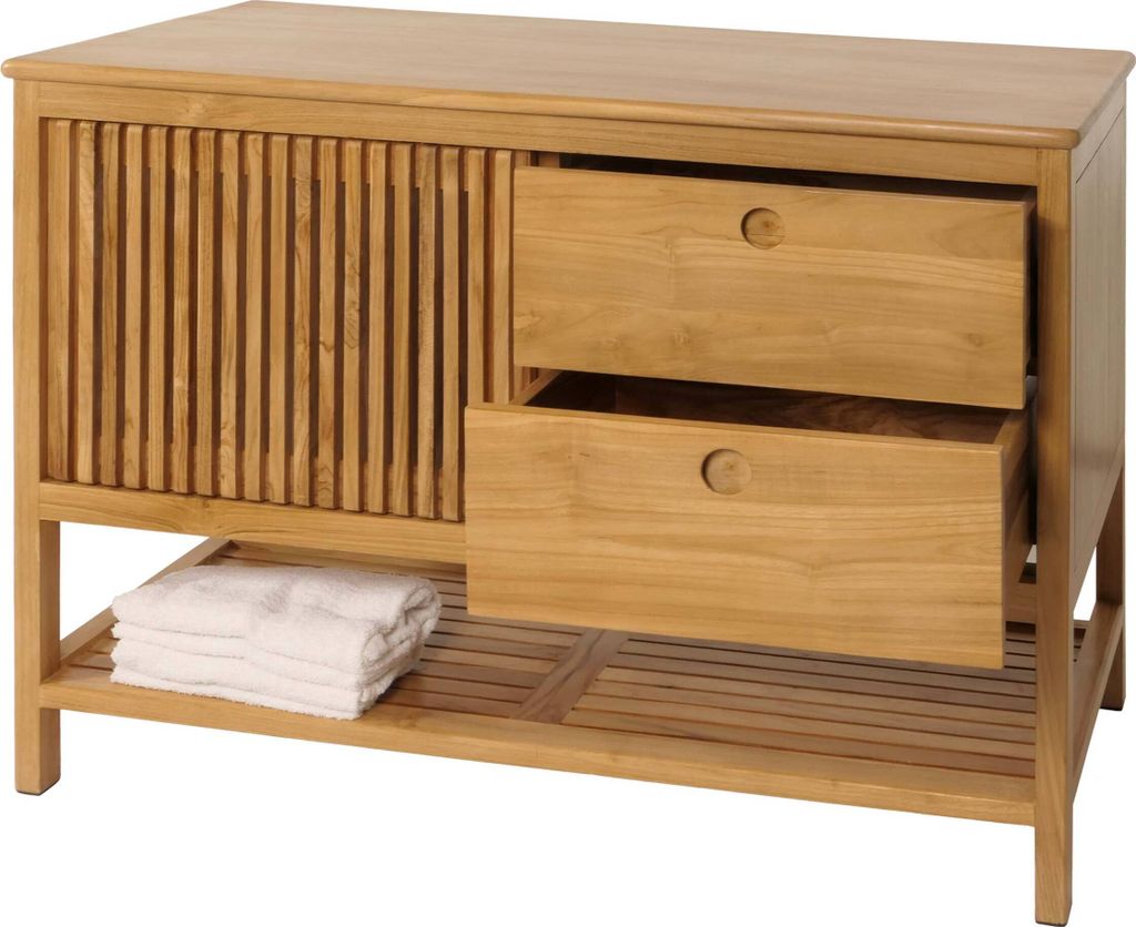 Teak-Kommode HWC-M70, Sideboard, Schiebetüre Schubladen, hochwertiges B-Grade-Teak (Kernholz, 20-30 Jahre), 81x106x55cm