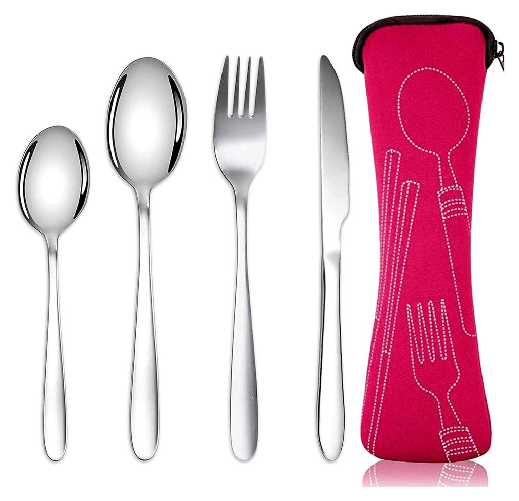 Besteckset mit tragbarer Tasche, Edelstahl-Besteck, Campingutensilien-Set mit Neopren-Tasche für Outdoor, Reisen, Picknick, Büro, Schule, Lunchbo...