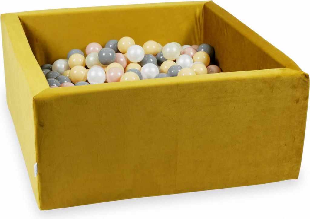 Bällebad 90x90x40 Samt Gold – Mit 400 Bällen / Beige, Roségold, Hellgold, Perlmutt, Grau