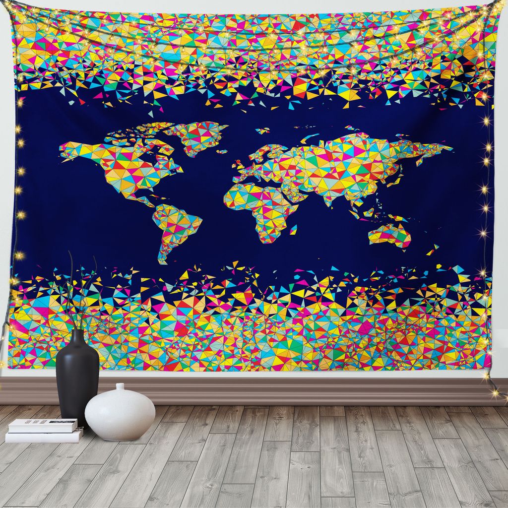 ABAKUHAUS Weltkarte Wandteppich, Mosaiken Fliesen Global, Wohnzimmer Schlafzimmer Heim Seidiges Satin Wandteppich, 200 x 150 cm, Dunkelblau Gelb Blau