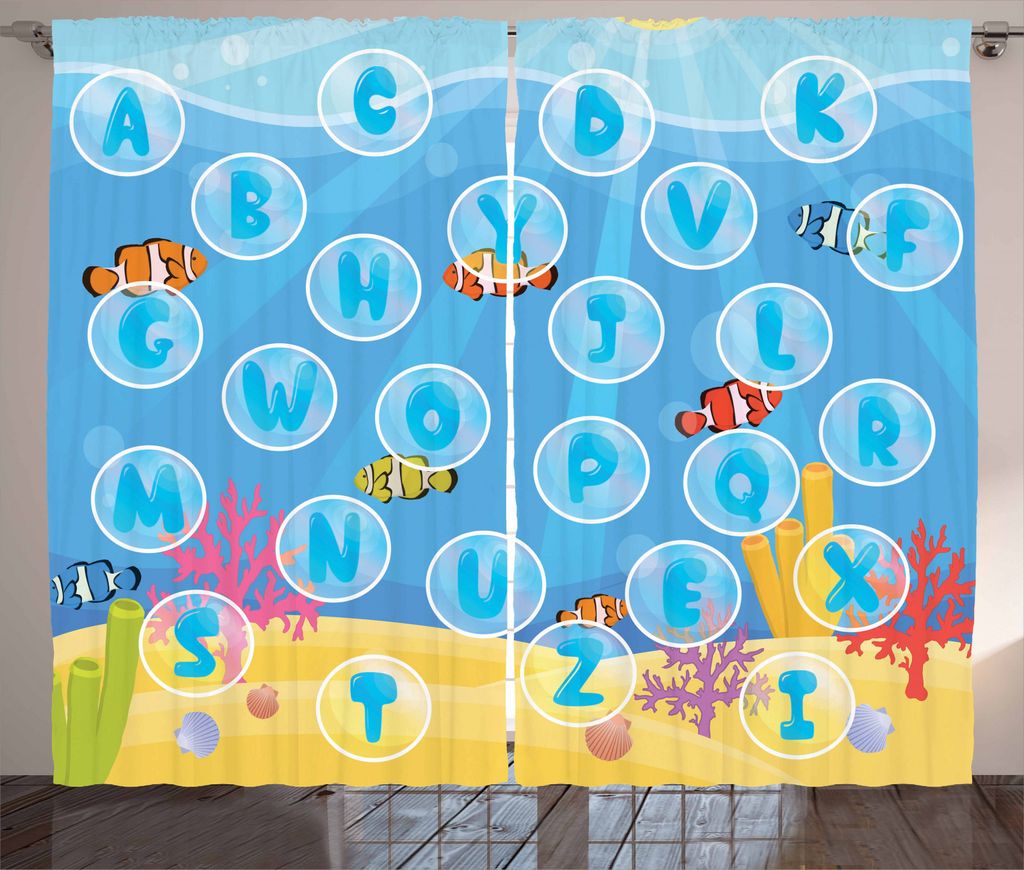 ABAKUHAUS Nursery Aktivität Rustikaler Gardine, Alphabet Letters, Schlafzimmer Kräuselband Vorhang mit Schlaufen und Haken, 280 x 245 cm, Mehrfarbig