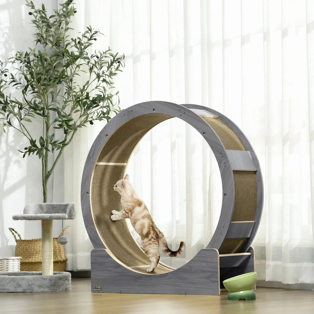 Roue de Course pour Chat 91cm et Griffoir Intégré - Accessoire Gris