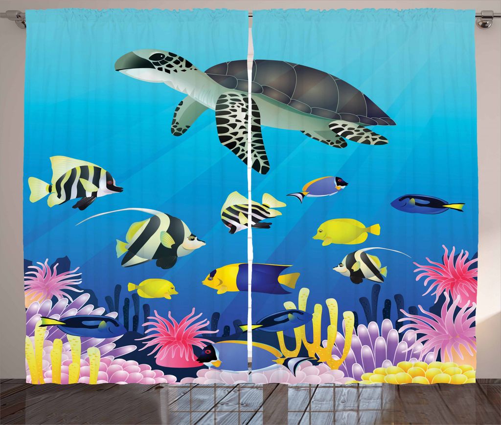 ABAKUHAUS Ozean Rustikaler Vorhang, Sea Turtle Korallenriff, Wohnzimmer Universalband Gardinen mit Schlaufen und Haken, 280 x 245 cm, Mehrfarbig
