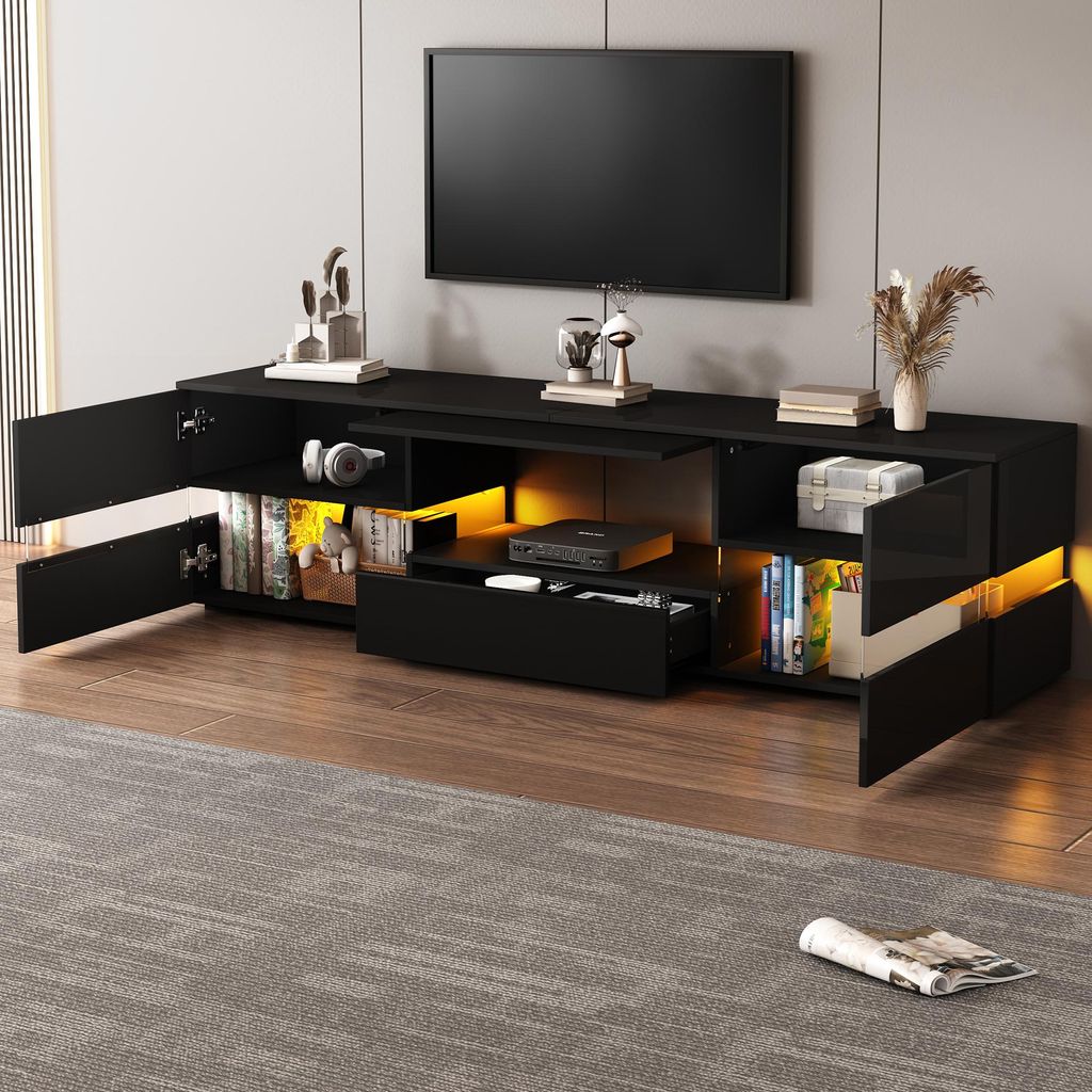 Moderner Hochglanz-TV-Schrank,160x39x45 cm, mit LED-Beleuchtung, 2 Türen, 1 Schublade, offenes Fach, geeignet für 70-Zoll-Fernseher – mit Acryl...