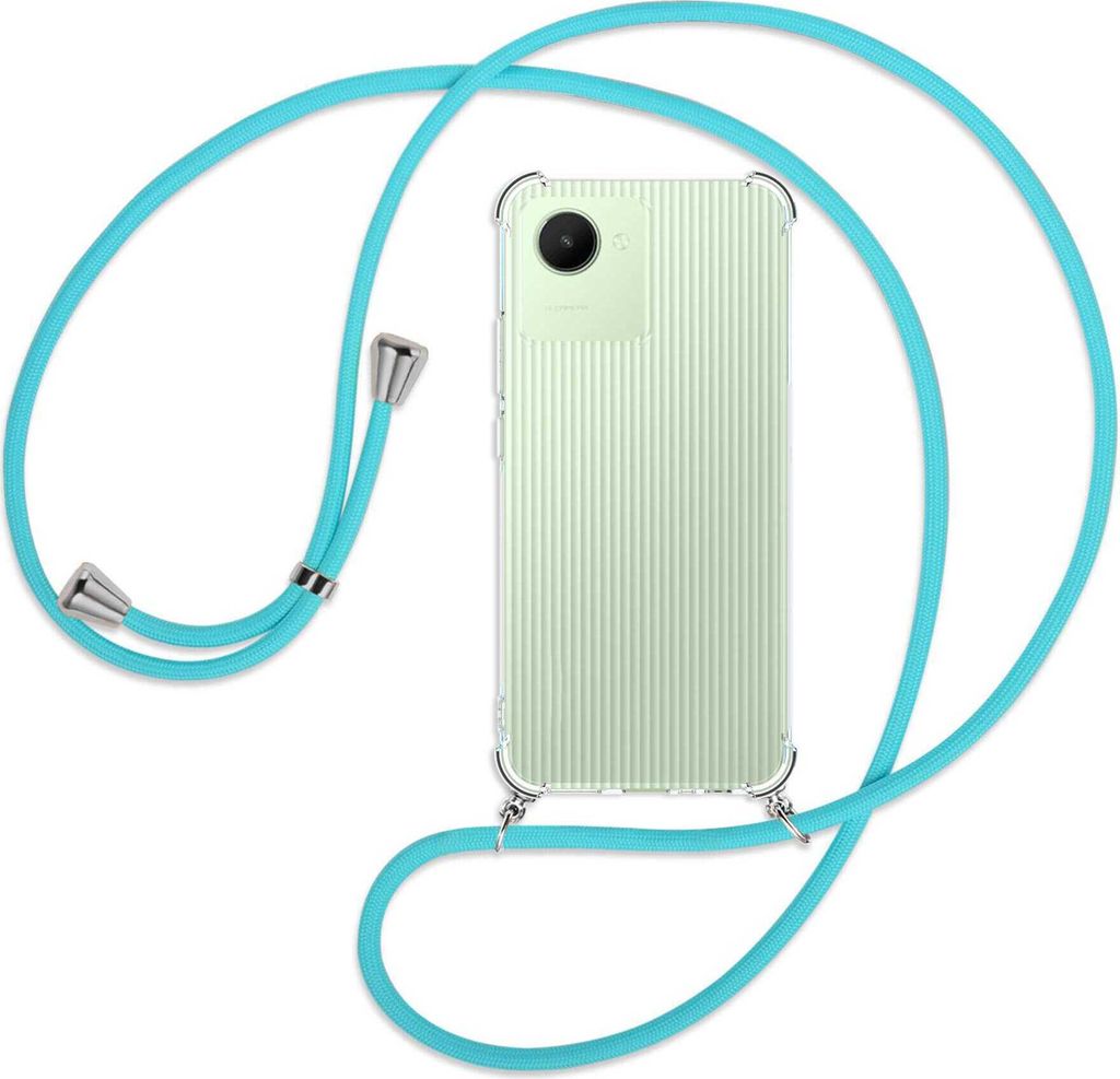 Handykette Backcover-Schutzhülle mit Band (Metall silberfarben) für Realme C30, Narzo 50i Prime - türkis