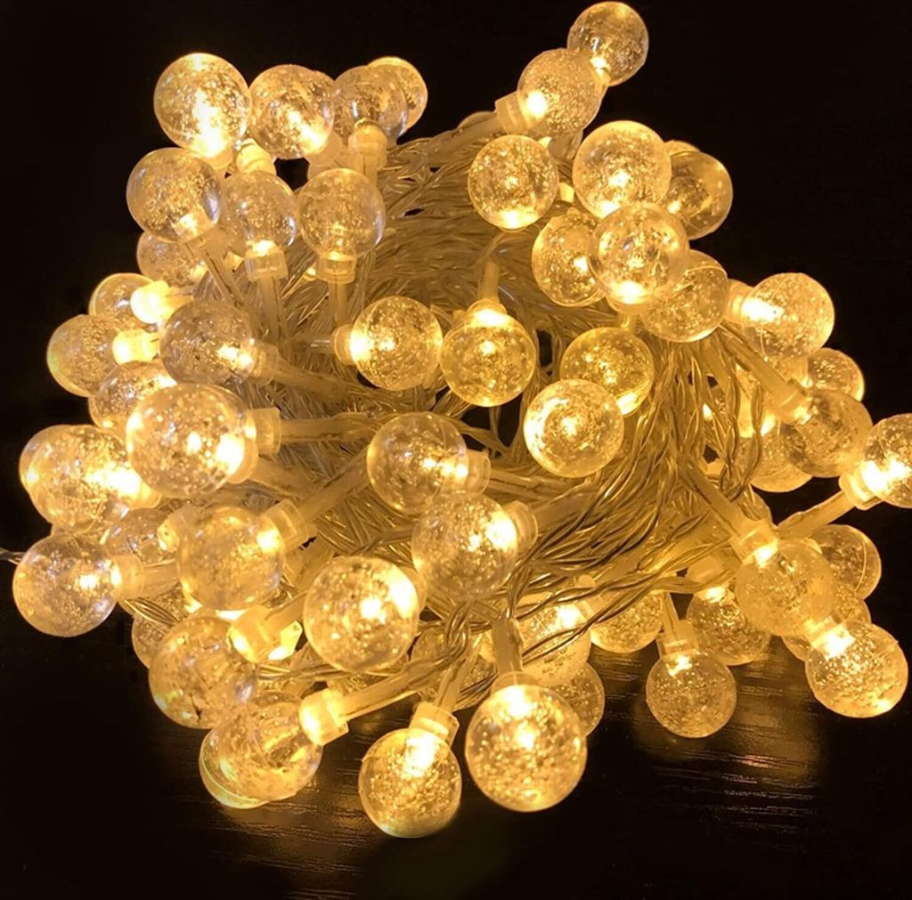YUENFONG Kugel LED Lichter Kette 30m 240LEDs Warmweiß Kristall Kugeln Beleuchtung, 8 Modi IP44 Innen Lichterkette (10m, Transparente Schnur)