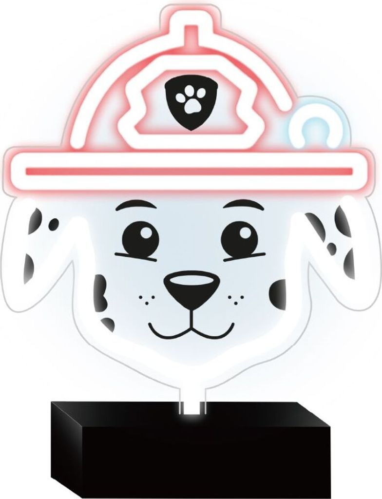 A neon LED stand of the Paw Patrol character Marshall.