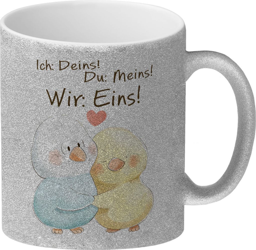 Vogelpaar Glitzer-Kaffeebecher mit Spruch Ich Deins Du Produktbild 