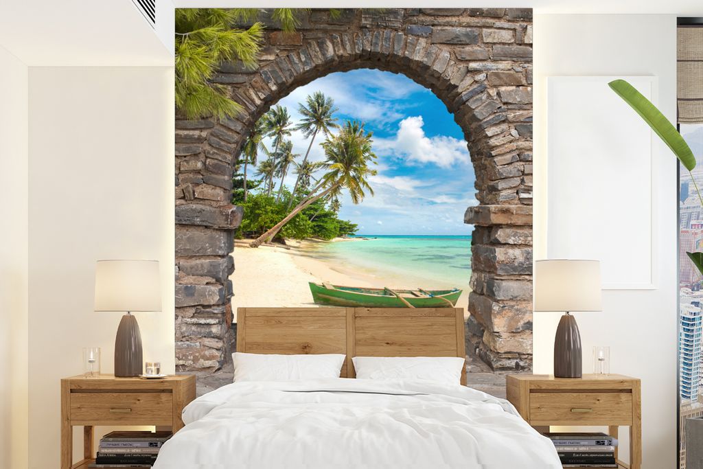 MuchoWow Fototapete für Wohnzimmer oder Schlafzimmer Wandtapete Vinyl Motivtapete Strand - Palme - Blick - Meer - Kanu - 165x220 cm - Wanddekora...